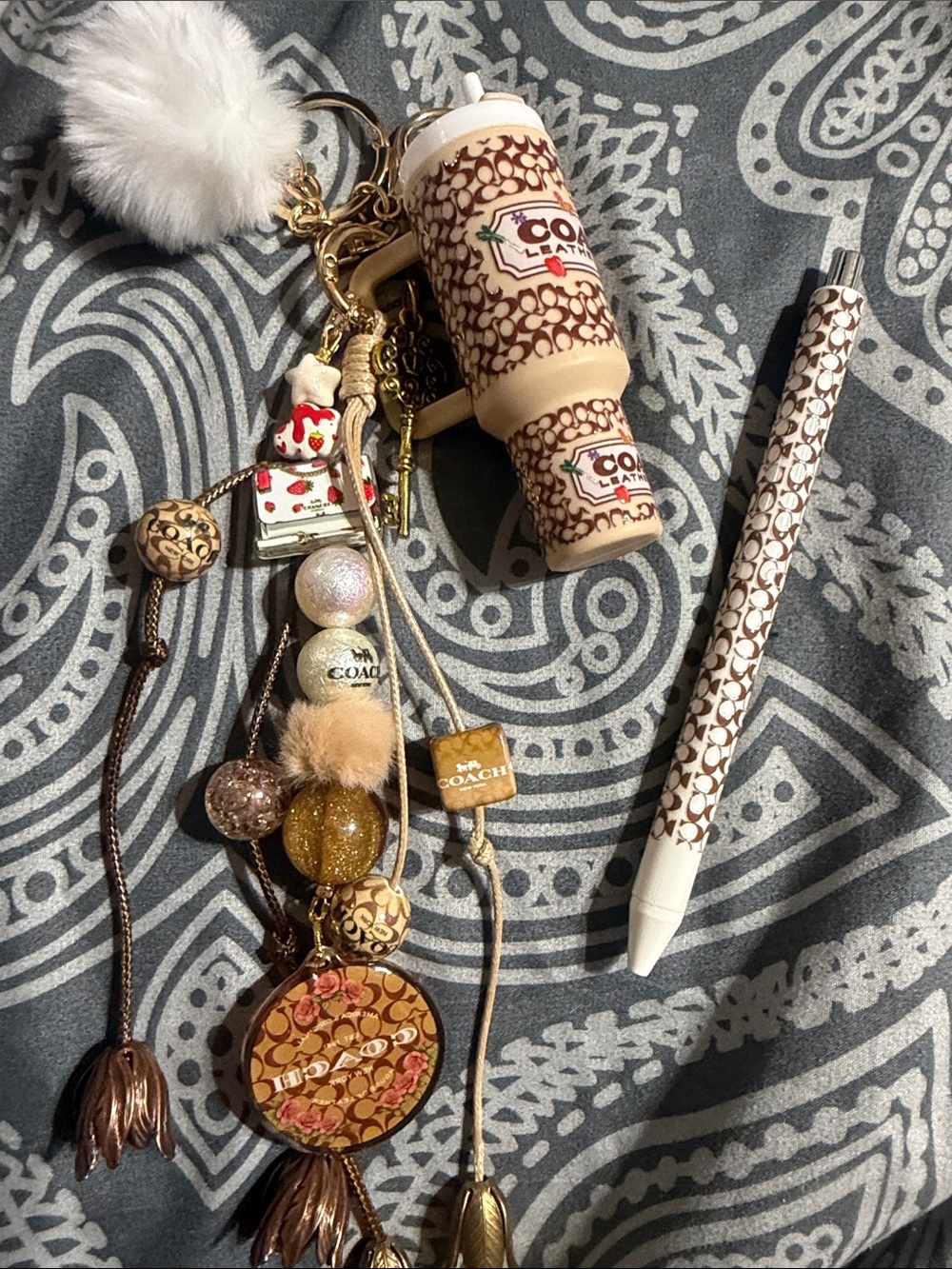 Brown and Cream Signature Charm Keychain/Bag Charm with Matching Pen.